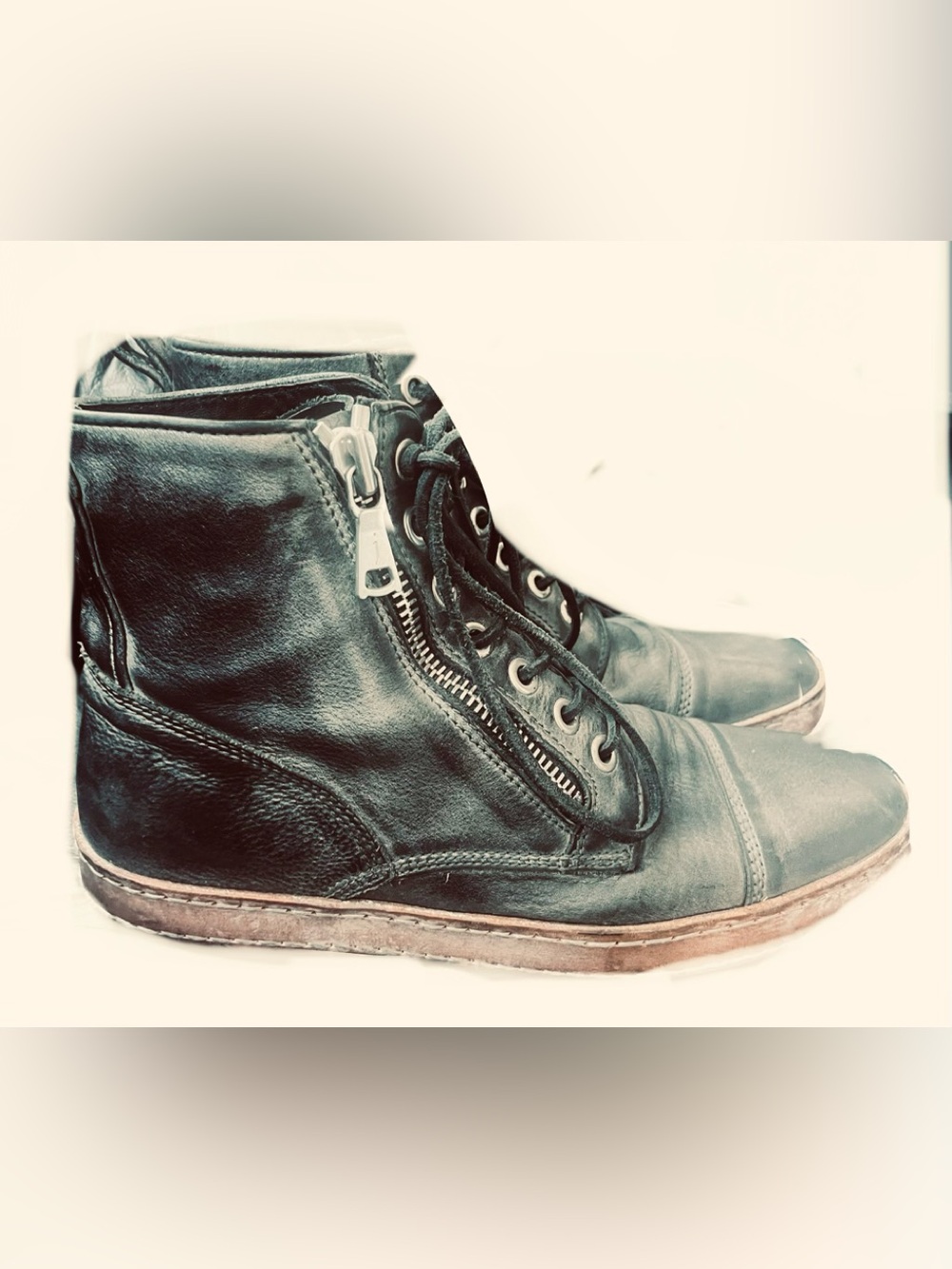 John Varvatos Black Leather High-Top Lace Boots with Side Zip Sz 10.5 - Picture 2 of 4